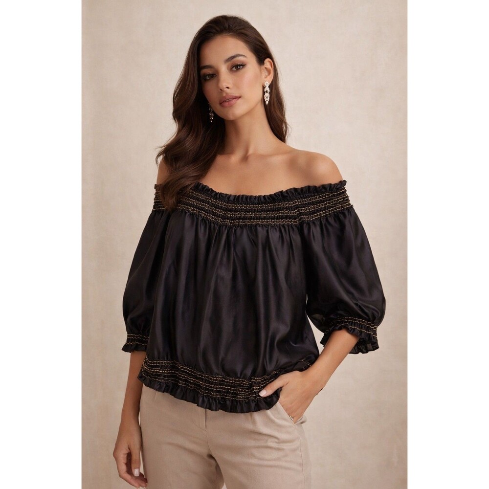 Ralph Lauren Black Off-Shoulder Satin Blouse